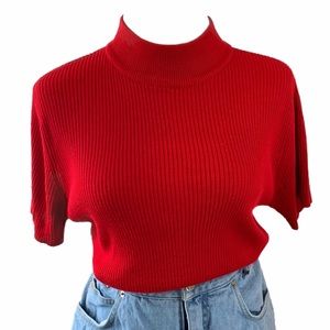 Vintage Ribbed Mock Neck Top - Cherry Red 90’s Y2K